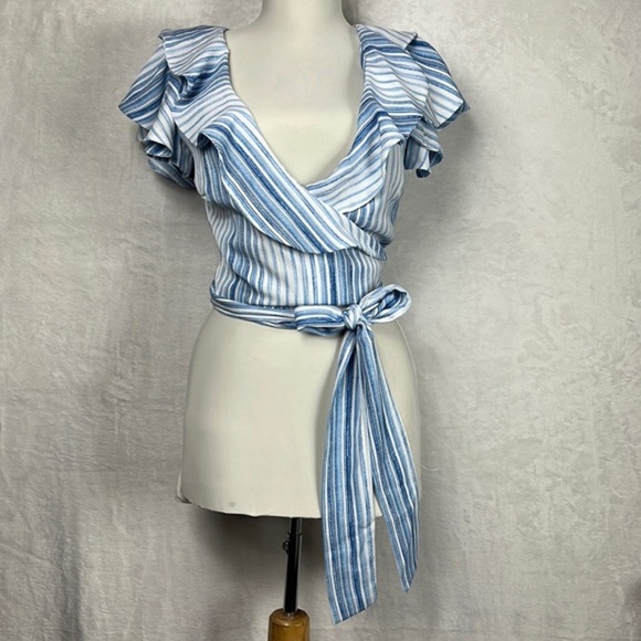Misa Los Angeles Marah Blue White Stripe Ruffle Wrap Crop Linen Modal Top Blouse - Picture 3 of 16